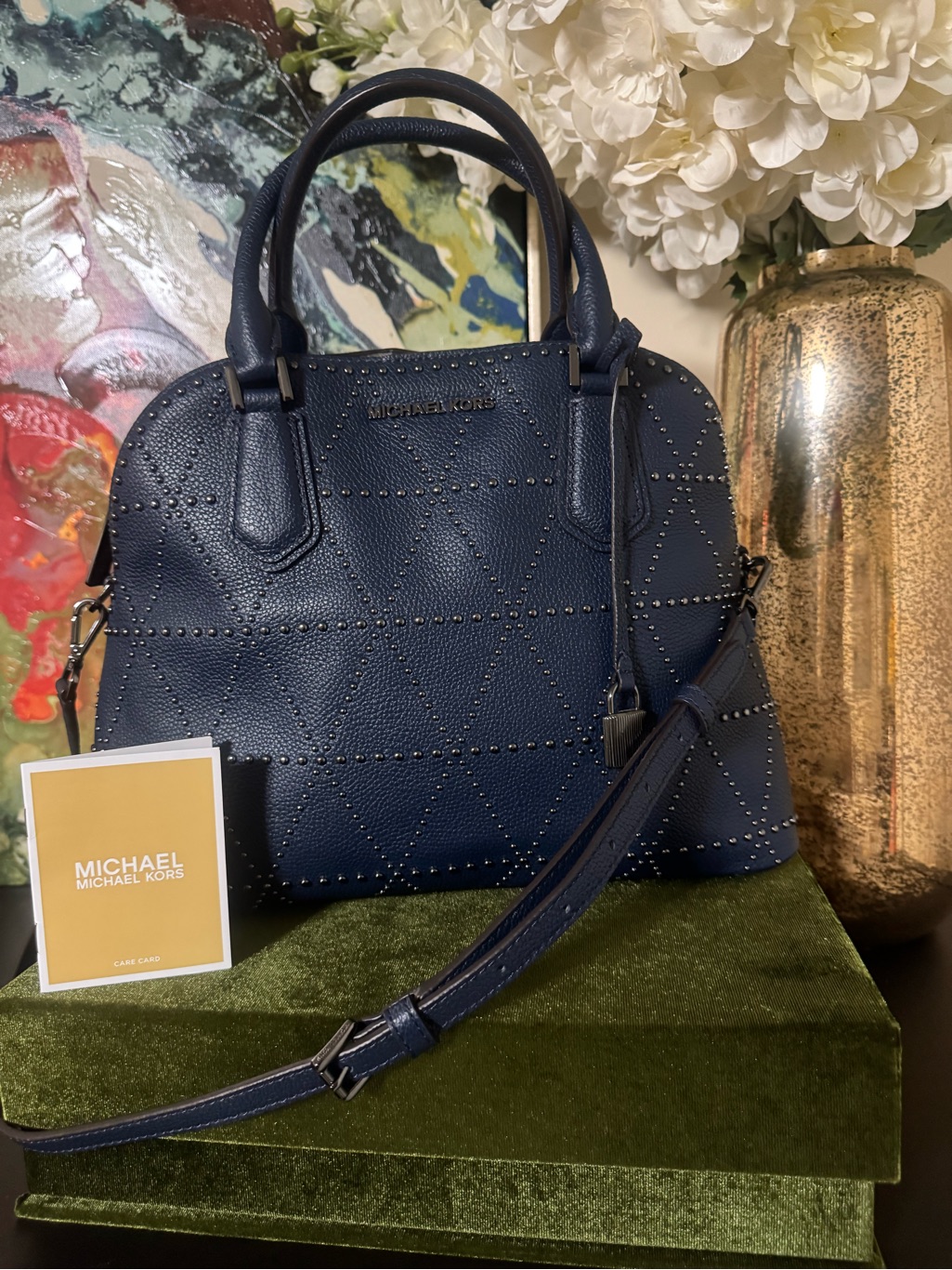 Michael Kors Navy Studded Dome Satchel With Crossbody Strap